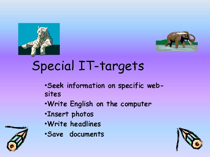 Special IT-targets • Seek information on specific websites • Write English on the computer