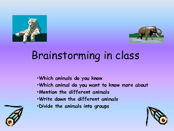 Brainstorming in class • Which animals do you know • Which animal do you