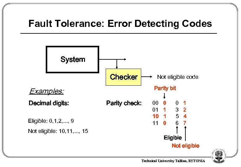 Fault Tolerance: Error Detecting Codes System Checker Not eligible code Parity bit Examples: Decimal