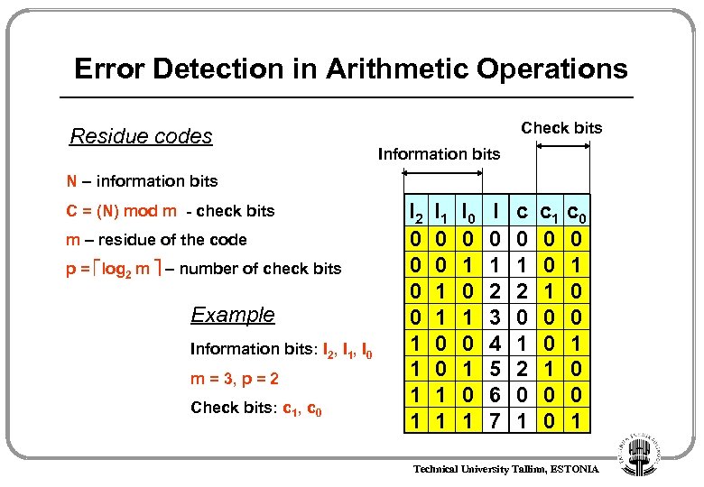 Error Detection in Arithmetic Operations Residue codes Check bits Information bits N – information