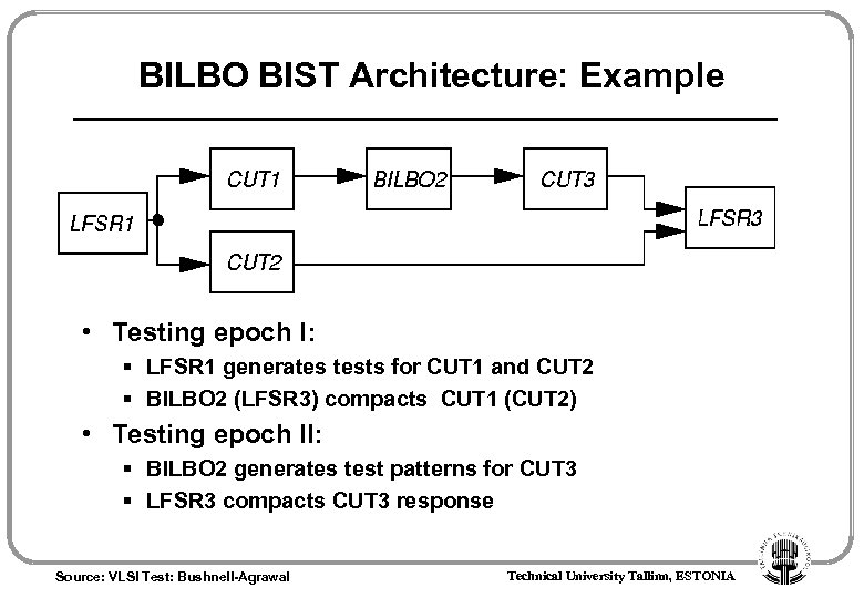 BILBO BIST Architecture: Example • Testing epoch I: § LFSR 1 generates tests for