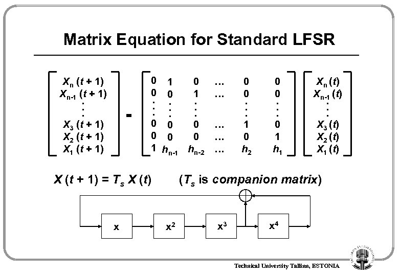 Matrix Equation for Standard LFSR Xn (t + 1) Xn-1 (t + 1). .