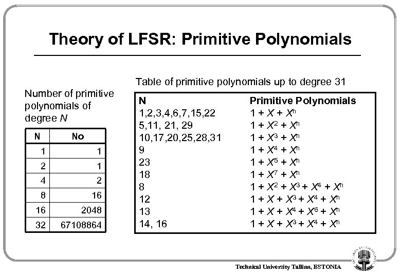 Theory of LFSR: Primitive Polynomials Table of primitive polynomials up to degree 31 Number