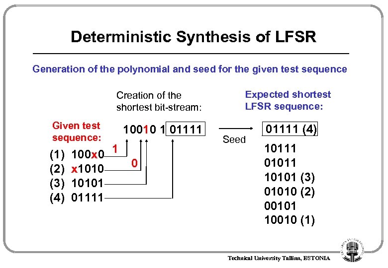 Deterministic Synthesis of LFSR Generation of the polynomial and seed for the given test