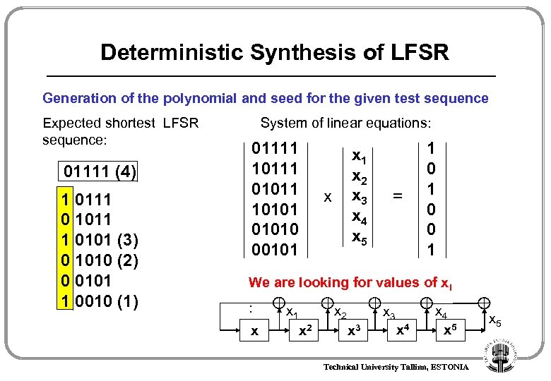 Deterministic Synthesis of LFSR Generation of the polynomial and seed for the given test