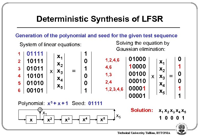 Deterministic Synthesis of LFSR Generation of the polynomial and seed for the given test