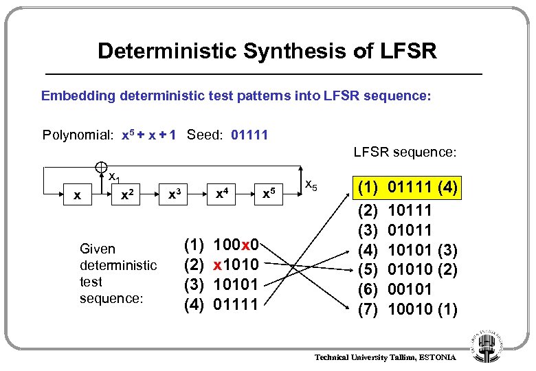 Deterministic Synthesis of LFSR Embedding deterministic test patterns into LFSR sequence: Polynomial: x 5