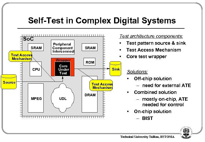 Self-Test in Complex Digital Systems Test architecture components: • Test pattern source & sink