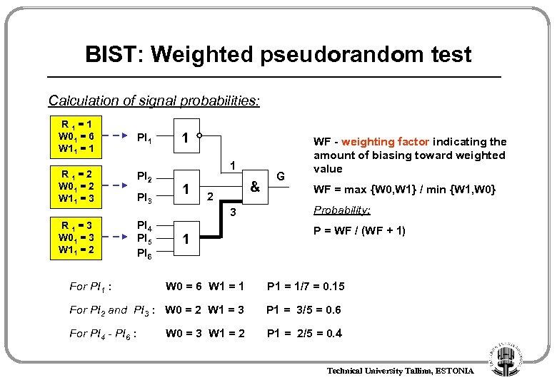 BIST: Weighted pseudorandom test Calculation of signal probabilities: R 1=1 W 01 = 6