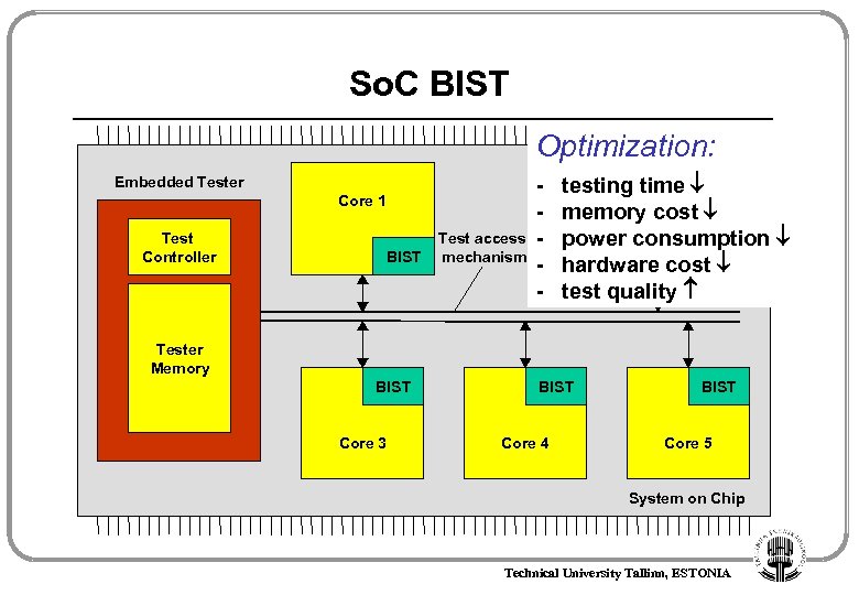 So. C BIST Optimization: Embedded Tester Core 1 Test Controller BIST Test access mechanism