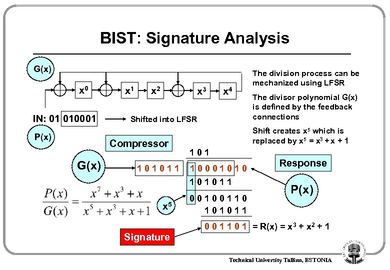 BIST: Signature Analysis G(x) x 0 IN: 01 010001 P(x) x 1 x 2