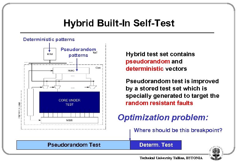 Hybrid Built-In Self-Test Deterministic patterns Pseudorandom patterns Hybrid test set contains pseudorandom and deterministic