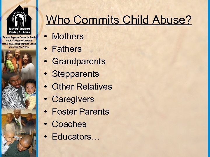 Who Commits Child Abuse? • • • Mothers Fathers Grandparents Stepparents Other Relatives Caregivers