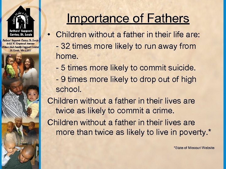 Importance of Fathers • Children without a father in their life are: - 32