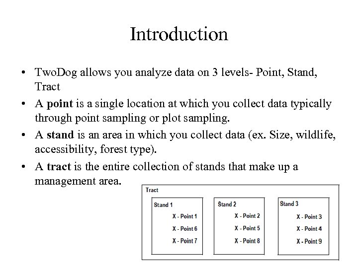 Introduction • Two. Dog allows you analyze data on 3 levels- Point, Stand, Tract