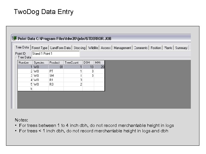 Two. Dog Data Entry Notes: • For trees between 1 to 4 inch dbh,