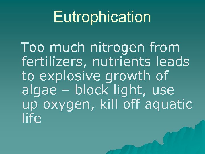 Eutrophication Too much nitrogen from fertilizers, nutrients leads to explosive growth of algae –