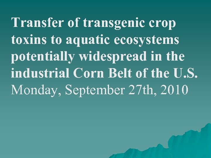 Transfer of transgenic crop toxins to aquatic ecosystems potentially widespread in the industrial Corn