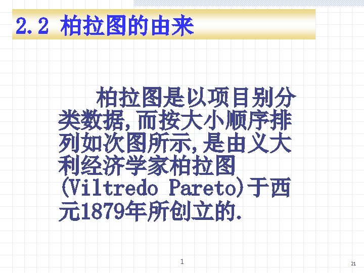 2. 2 柏拉图的由来 柏拉图是以项目别分 类数据, 而按大小顺序排 列如次图所示, 是由义大 利经济学家柏拉图 (Viltredo Pareto)于西 元1879年所创立的. 1 21