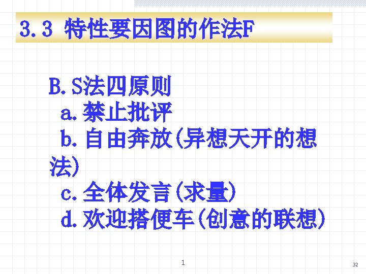3. 3 特性要因图的作法F B. S法四原则 a. 禁止批评 b. 自由奔放(异想天开的想 法) c. 全体发言(求量) d. 欢迎搭便车(创意的联想)