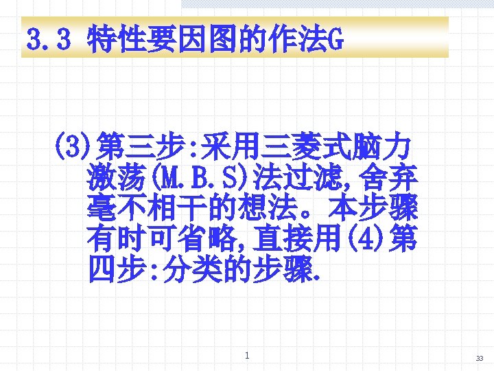 3. 3 特性要因图的作法G (3)第三步: 采用三菱式脑力 激荡(M. B. S)法过滤, 舍弃 毫不相干的想法。本步骤 有时可省略, 直接用(4)第 四步: 分类的步骤.