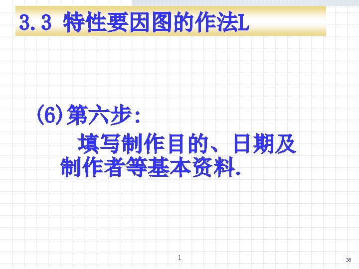3. 3 特性要因图的作法L (6)第六步: 填写制作目的、日期及 制作者等基本资料. 1 38 