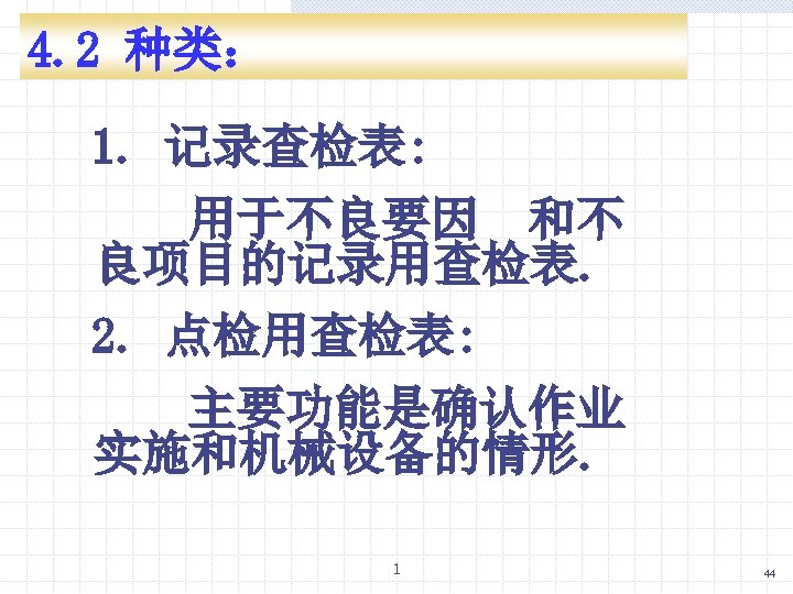 4. 2 种类： 1. 记录查检表: 用于不良要因 和不 良项目的记录用查检表. 2. 点检用查检表: 主要功能是确认作业 实施和机械设备的情形. 1 44