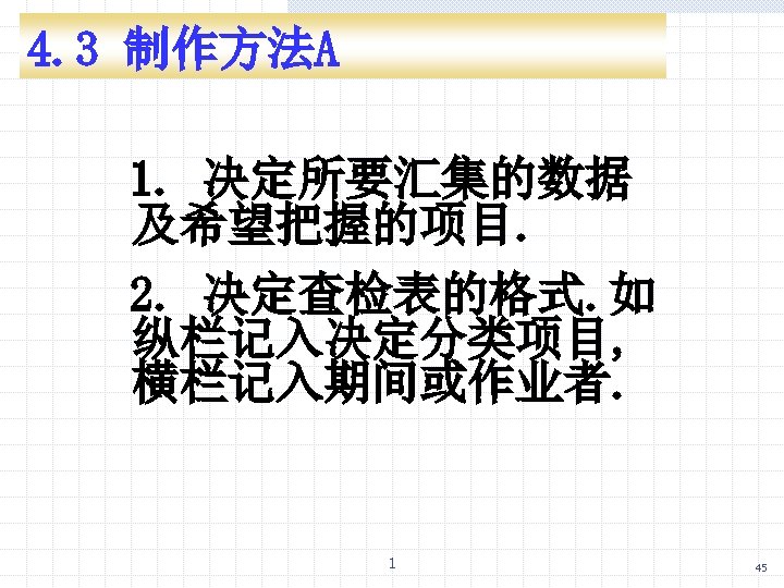 4. 3 制作方法A 1. 决定所要汇集的数据 及希望把握的项目. 2. 决定查检表的格式. 如 纵栏记入决定分类项目, 横栏记入期间或作业者. 1 45 