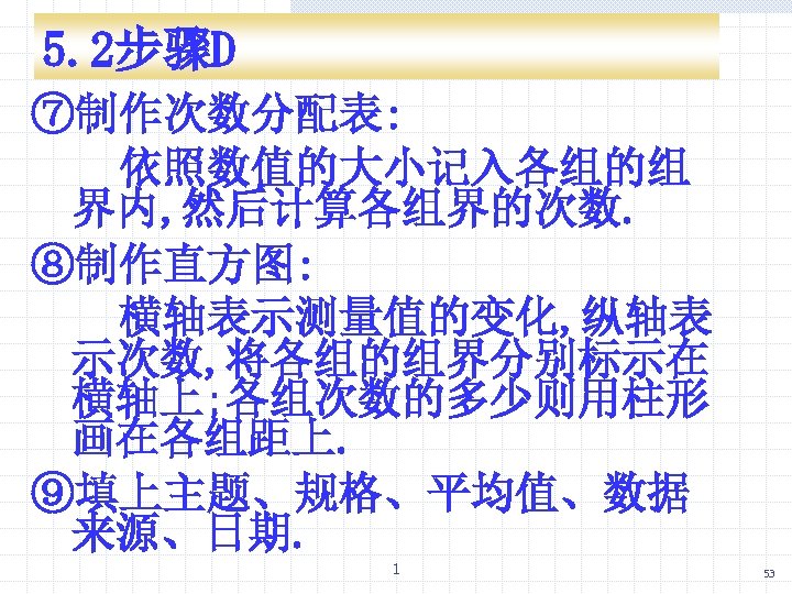 5. 2步骤D ⑦制作次数分配表: 依照数值的大小记入各组的组 界内, 然后计算各组界的次数. ⑧制作直方图: 横轴表示测量值的变化, 纵轴表 示次数, 将各组的组界分别标示在 横轴上; 各组次数的多少则用柱形 画在各组距上.