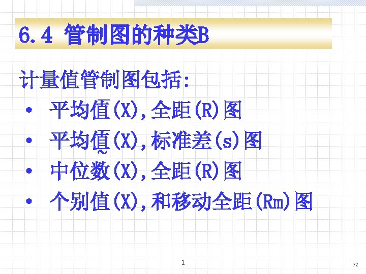 6. 4 管制图的种类B 计量值管制图包括: · 平均值(X), 全距(R)图 · 平均值(X), 标准差(s)图 ~ · 中位数(X), 全距(R)图
