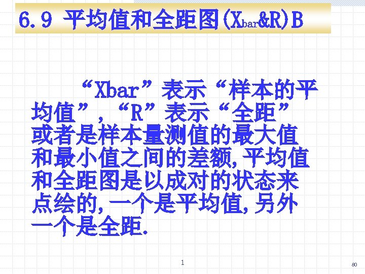 6. 9 平均值和全距图(Xbar&R)B “Xbar”表示“样本的平 均值”, “R”表示“全距” 或者是样本量测值的最大值 和最小值之间的差额, 平均值 和全距图是以成对的状态来 点绘的, 一个是平均值, 另外 一个是全距.