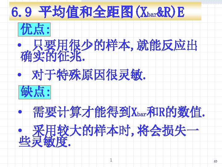 6. 9 平均值和全距图(Xbar&R)E 优点: · 只要用很少的样本, 就能反应出 确实的征兆. · 对于特殊原因很灵敏. 缺点: · 需要计算才能得到Xbar和R的数值. ·