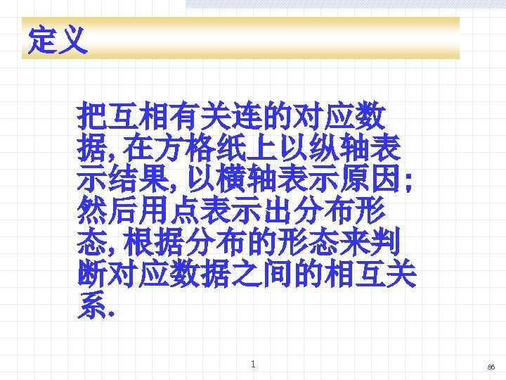 定义 把互相有关连的对应数 据, 在方格纸上以纵轴表 示结果, 以横轴表示原因; 然后用点表示出分布形 态, 根据分布的形态来判 断对应数据之间的相互关 系. 1 86 