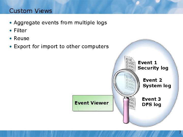 Custom Views • Aggregate events from multiple logs • Filter • Reuse • Export