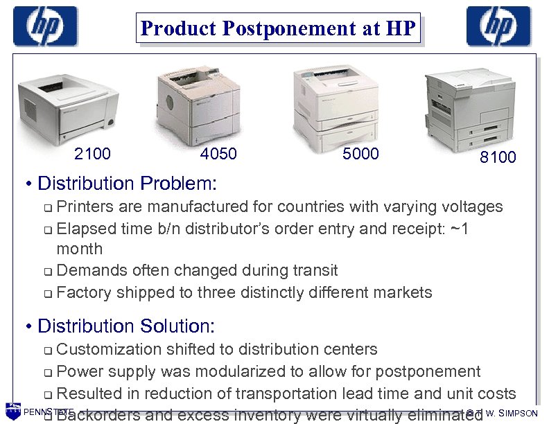 Product Postponement at HP 2100 4050 5000 8100 • Distribution Problem: Printers are manufactured