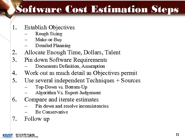 Software Cost Estimation Steps 1. Establish Objectives – – – 2. 3. Allocate Enough