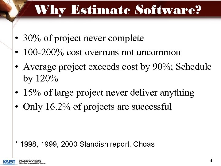 Why Estimate Software? • 30% of project never complete • 100 -200% cost overruns