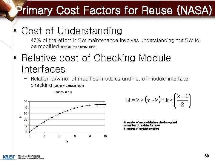 Primary Cost Factors for Reuse (NASA) • Cost of Understanding – 47% of the