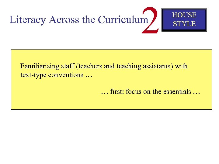 2 Literacy Across the Curriculum HOUSE STYLE Familiarising staff (teachers and teaching assistants) with