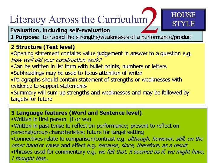 2 Literacy Across the Curriculum HOUSE STYLE Evaluation, including self-evaluation 1 Purpose: to record