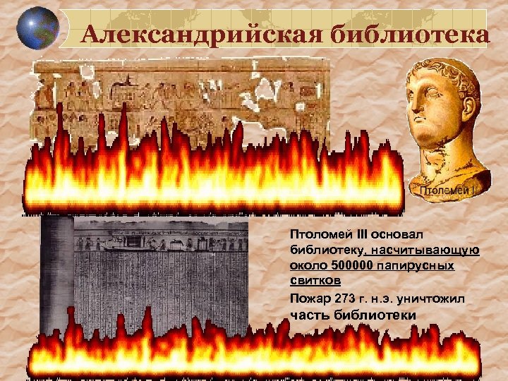 Александрийская библиотека Птоломей ІІІ основал библиотеку, насчитывающую около 500000 папирусных свитков Пожар 273 г.