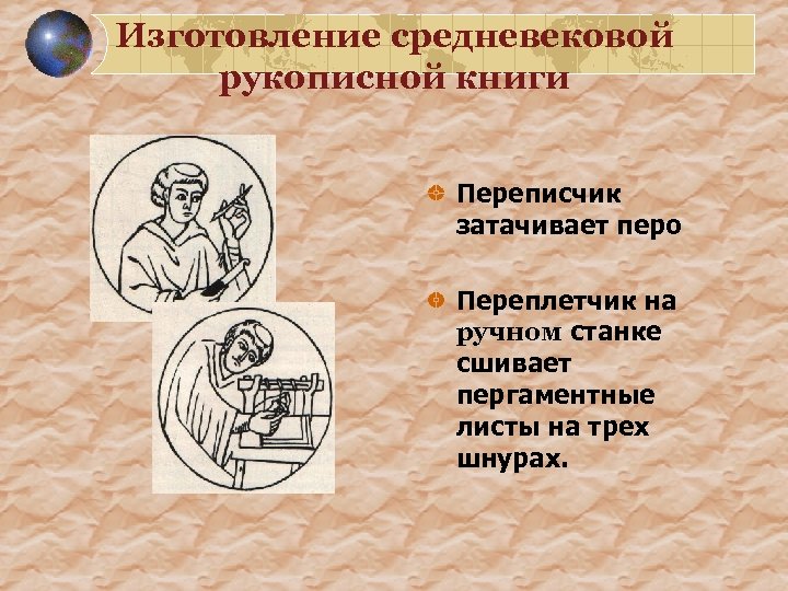 Изготовление средневековой рукописной книги Переписчик затачивает перо Переплетчик на ручном станке сшивает пергаментные листы