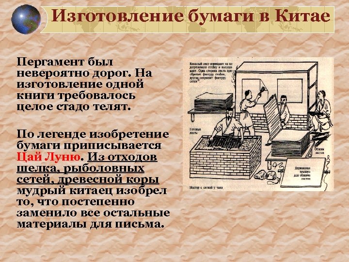 Изготовление бумаги в Китае Пергамент был невероятно дорог. На изготовление одной книги требовалось целое