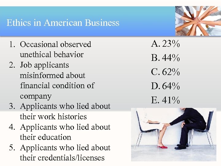 Ethics in American Business 1. Occasional observed unethical behavior 2. Job applicants misinformed about