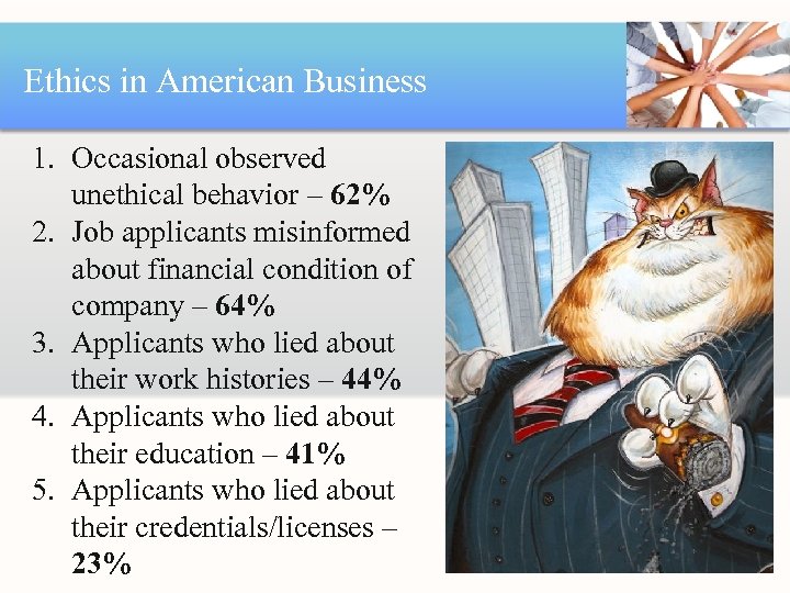 Ethics in American Business 1. Occasional observed unethical behavior – 62% 2. Job applicants