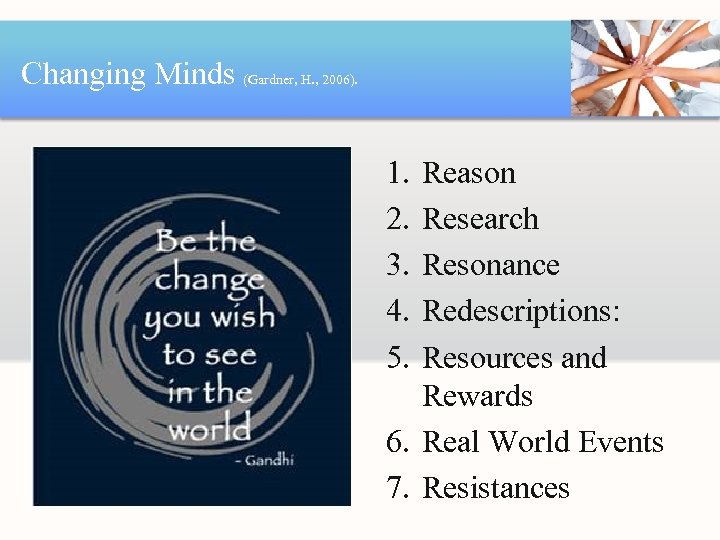 Changing Minds (Gardner, H. , 2006). 1. 2. 3. 4. 5. Reason Research Resonance