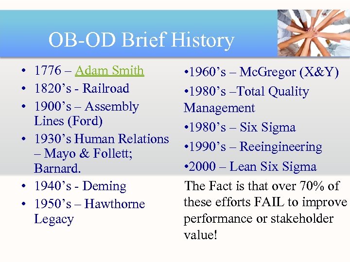 OB-OD Brief History • 1776 – Adam Smith • 1820’s - Railroad • 1900’s