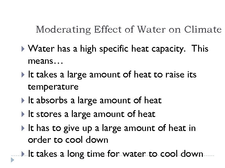 Moderating Effect of Water on Climate Water has a high specific heat capacity. This