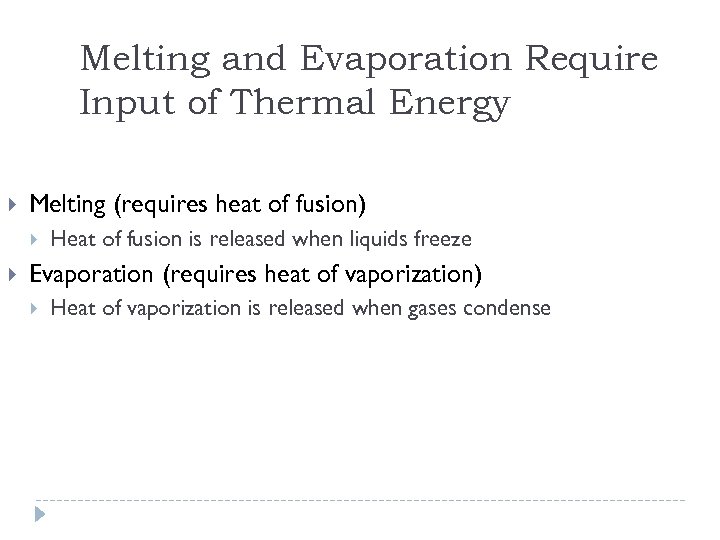 Melting and Evaporation Require Input of Thermal Energy Melting (requires heat of fusion) Heat