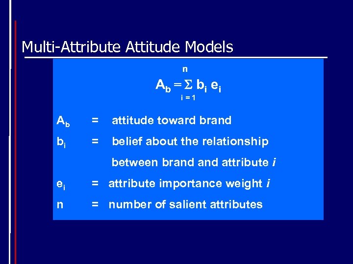 Multi-Attribute Attitude Models n Ab = b i e i i=1 Ab = attitude